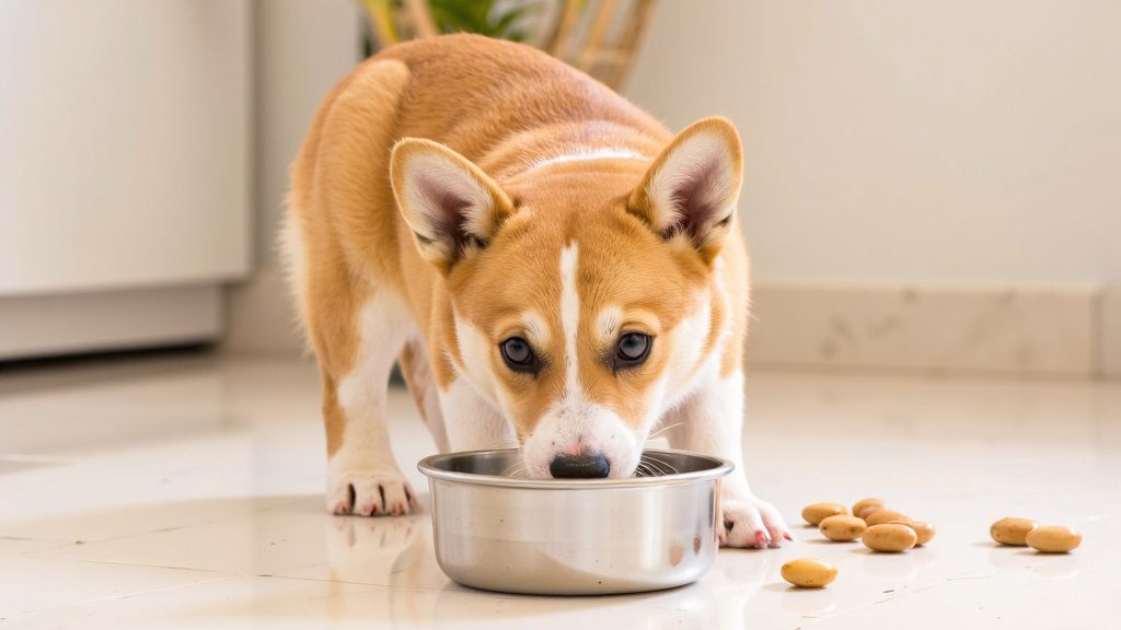 Corgi Puppy Eating Healthy Corgi puppy eating from a measured food bowl with healthy supplements nearby in a bright kitchen