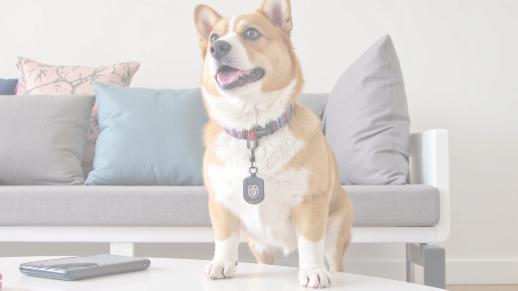Corgi wearing a smart collar with a paw tracking device, standing in a modern living room with tech gadgets.