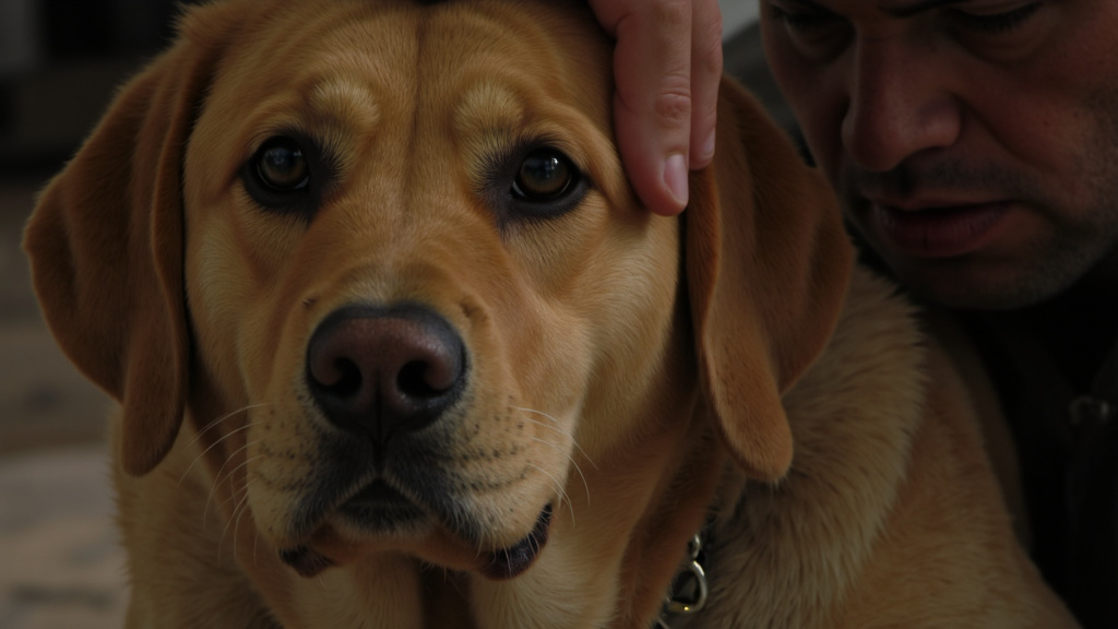 Close-up of a dog's fur with raised bumps, a gentle hand petting it, and a concerned owner's face partially visible in the background.