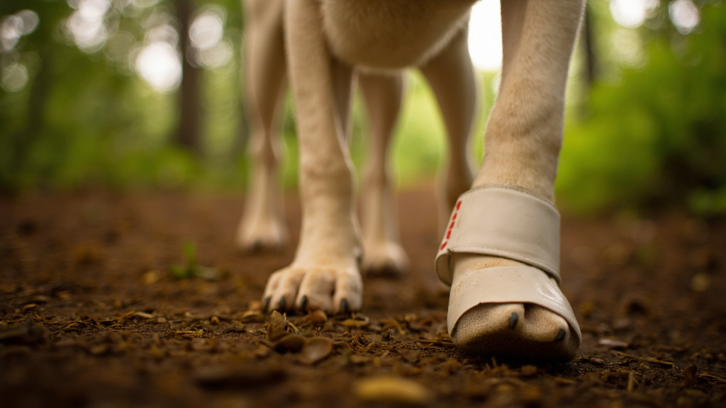 Close-up of a dog's paw stepping on natural terrain with a protective bootie and sunlight filtering through trees in the background.