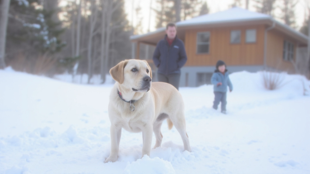A shivering dog with frosted fur in a snowy landscape, with a concerned owner approaching and a warm house visible in the background under soft winter lighting.