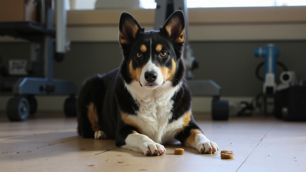 Attentive Border Collie Sit-Stay Black-and-white border collie sitting attentively in a sit-stay position indoors, focused on nearby treats in a softly lit training space.