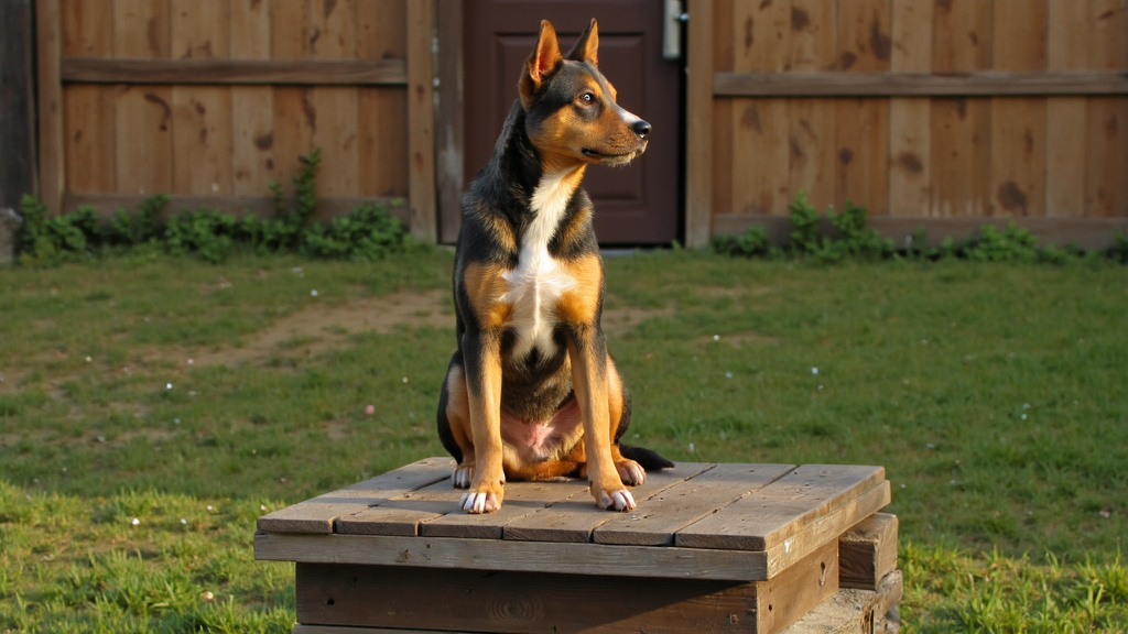 Australian Cattle Dog sitting calmly on a raised wooden training board in a backyard with grass around the edges, relaxed posture in afternoon light.