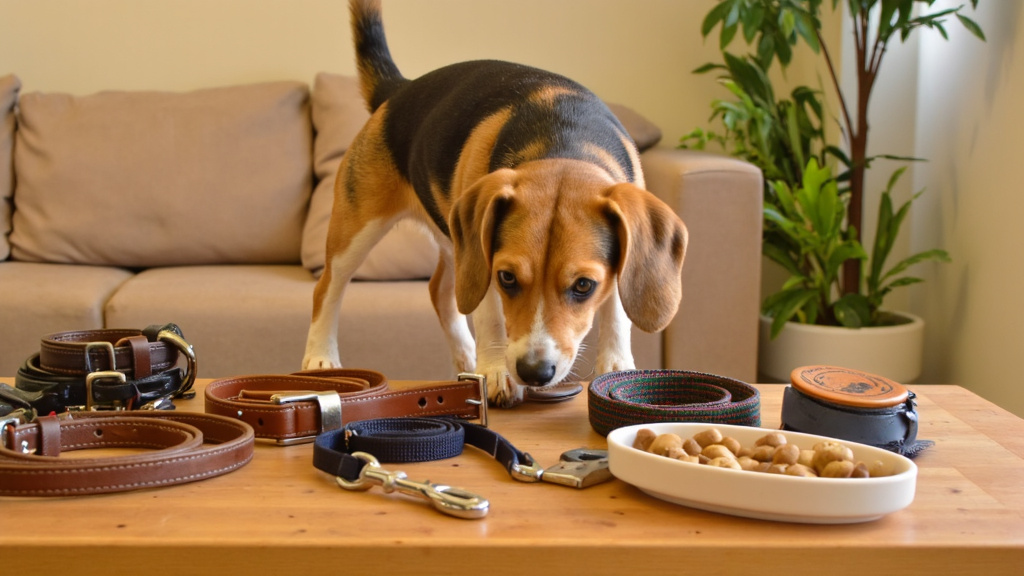 Curious beagle sniffing a variety of dog training gear—collars, leashes, and treats—laid out on a wooden table under warm indoor lighting.