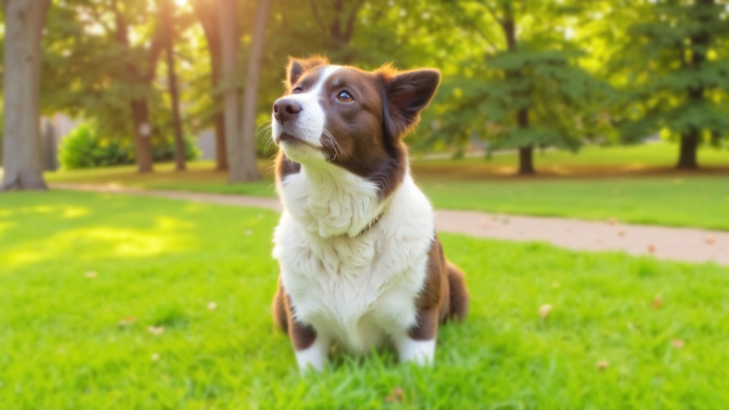 Border Collie sitting attentively in a park, ears perked forward, looking up at a trainer holding small training treats in natural daylight.
