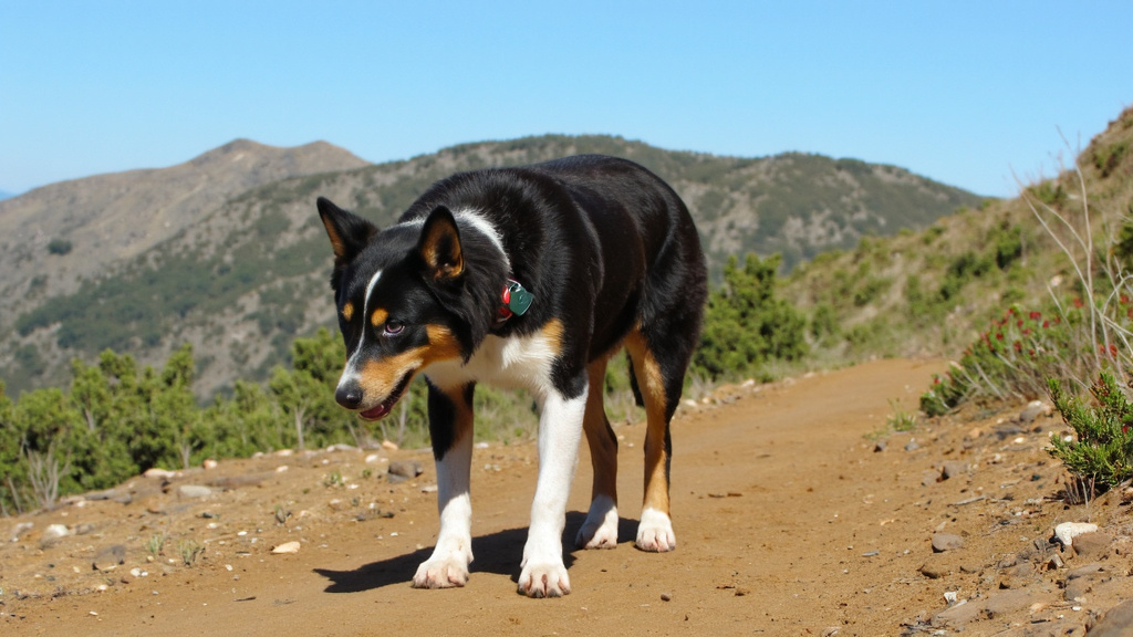 Border Collie wearing a GPS tracker exploring a remote mountain trail with a cell tower visible in the distant background under a clear blue sky, highlighting rural connectivity.