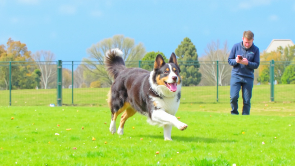 Border Collie sprinting across a fenced dog park under a clear blue sky while its owner monitors on a smartphone app—action shot showing movement and freedom.