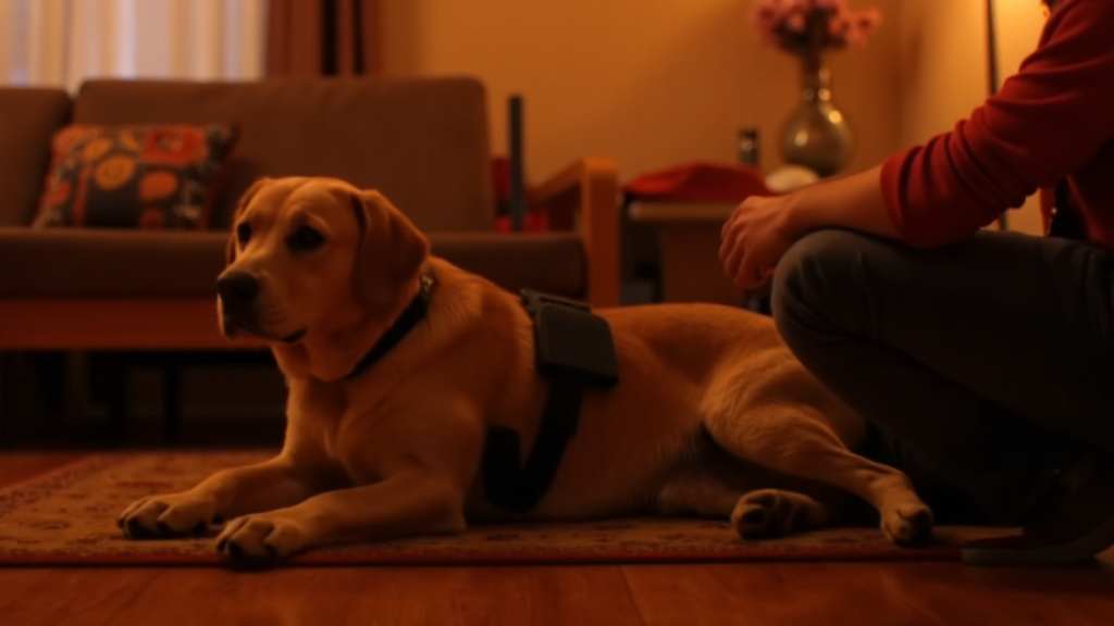 Calm medium-sized dog wearing a low-profile training collar sits in a warm living room at dusk while its attentive owner kneels nearby making gentle eye contact; soft cinematic window light creates a peaceful home atmosphere.