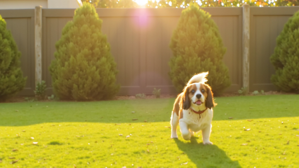 Cavalier King Charles Spaniel walking off-leash in a fenced yard at golden hour, tail wagging and a peaceful expression.