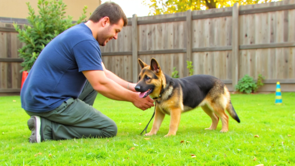 Confident owner guiding a focused German Shepherd puppy on a leash through a structured backyard training exercise, showing clear communication between handler and dog.