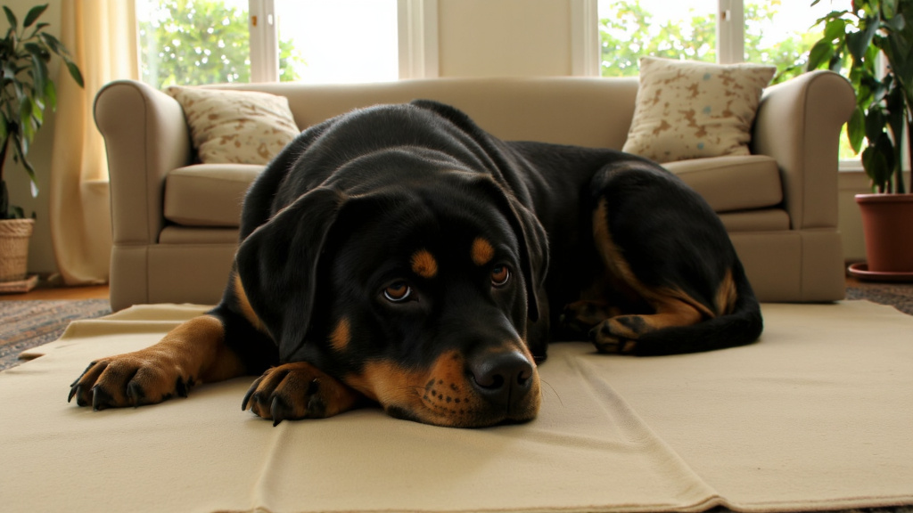 Female Rottweiler Relaxing in Sunny Living Room Female Rottweiler lying peacefully on a soft blanket in a sunny living room, relaxed and healthy in warm natural light.