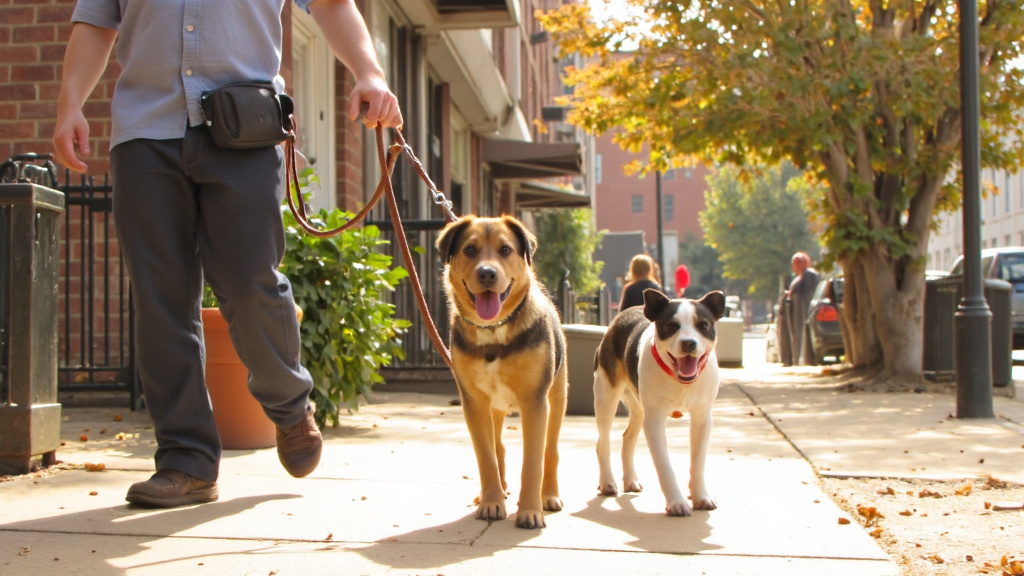 Dog walker on an urban sidewalk confidently handling three dogs at golden hour; one dog wears a sleek smart collar, others on traditional leashes; walker has a clicker and treat pouch, cinematic warm light and shallow depth of field.