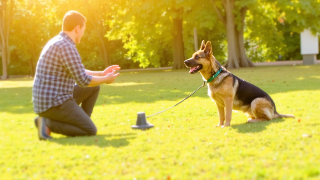 Split image in a park: left side shows a German Shepherd attentively responding to its owner’s training command; right side shows the same breed ignoring a passive training device on the ground.
