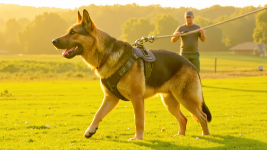German Shepherd Training Harness Morning German Shepherd wearing a training harness attached to a long line in an open field with a trainer visible in the background in morning light, secure controlled environment.