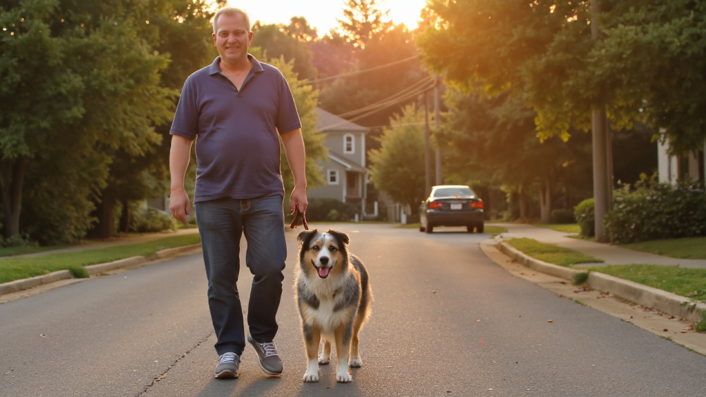 Owner and Australian Shepherd Walking in Sync Happy dog owner walking confidently with a well-behaved Australian Shepherd on a suburban street at golden afternoon light — both looking content and in sync.