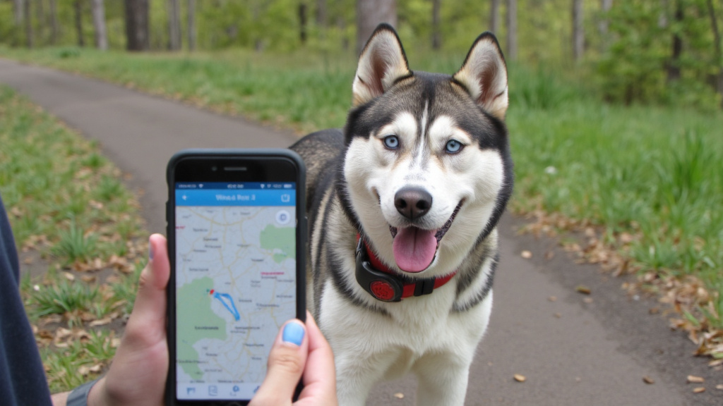 Close-up of a husky wearing a modern GPS collar while its owner checks a smartphone app showing the dog's location map in a sunlit outdoor park.