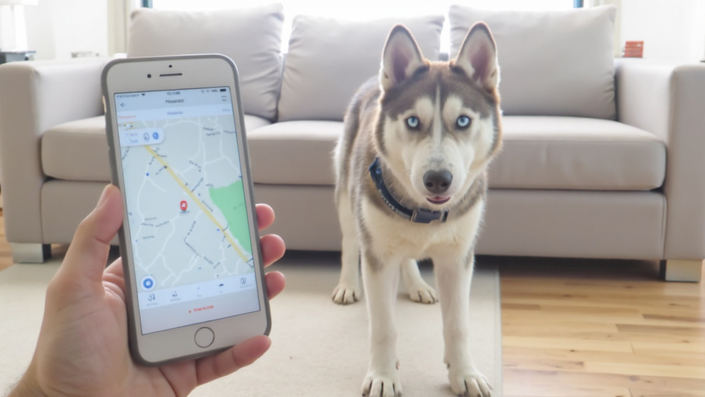 Husky with Smart Collar and GPS Dog-Walking App Close-up of a smartphone showing a dog-walking app with GPS tracking; a husky wearing a smart collar stands in the blurred background of a modern living room with soft natural light.
