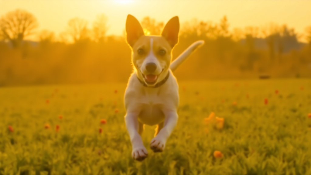 Jack Russell Terrier Running in Meadow at Golden Hour Jack Russell terrier running at full speed toward the camera across an open meadow at golden hour, ears back and a determined expression.