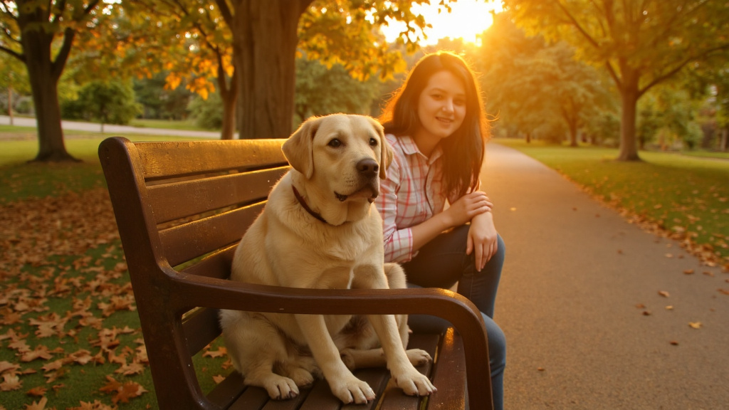 Mixed-breed dog sitting calmly beside its owner on a park bench in warm afternoon light, both relaxed and connected.