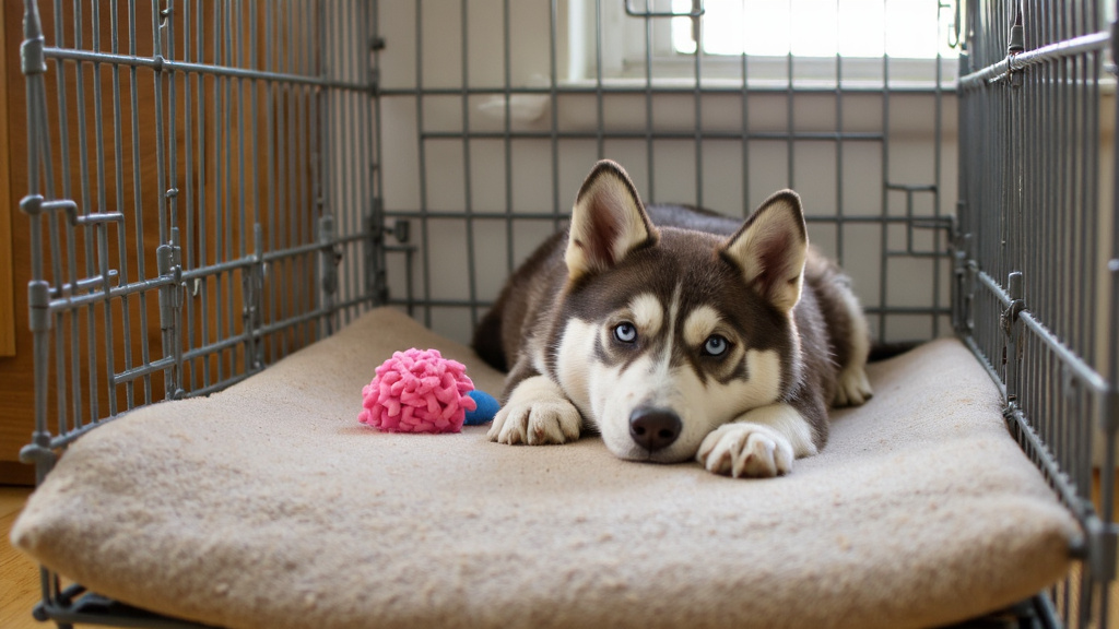 Siberian Husky Puppy Relaxing in Crate Siberian husky puppy lying comfortably inside an open wire crate on soft bedding with toys nearby in a peaceful home setting and gentle ambient lighting.