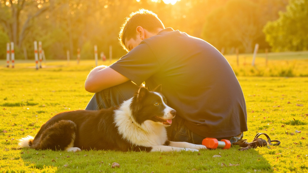 Tired owner and border collie after training Owner and border collie sitting on grass after a training session at golden hour, both looking exhausted but content with training equipment scattered nearby.