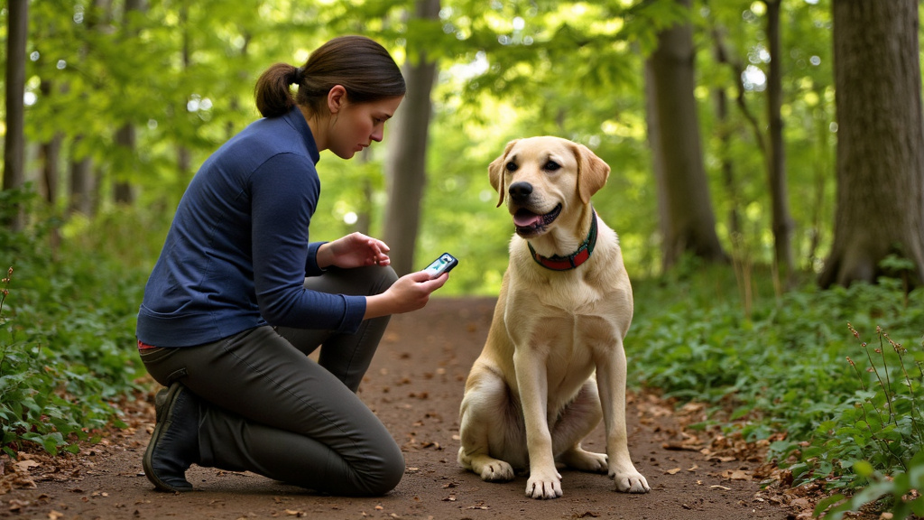 Woman kneeling on a sunlit wooded trail fastening a sleek GPS smart collar on a medium-sized dog while holding a smartphone showing a map; mood shifts from anxious to relieved.