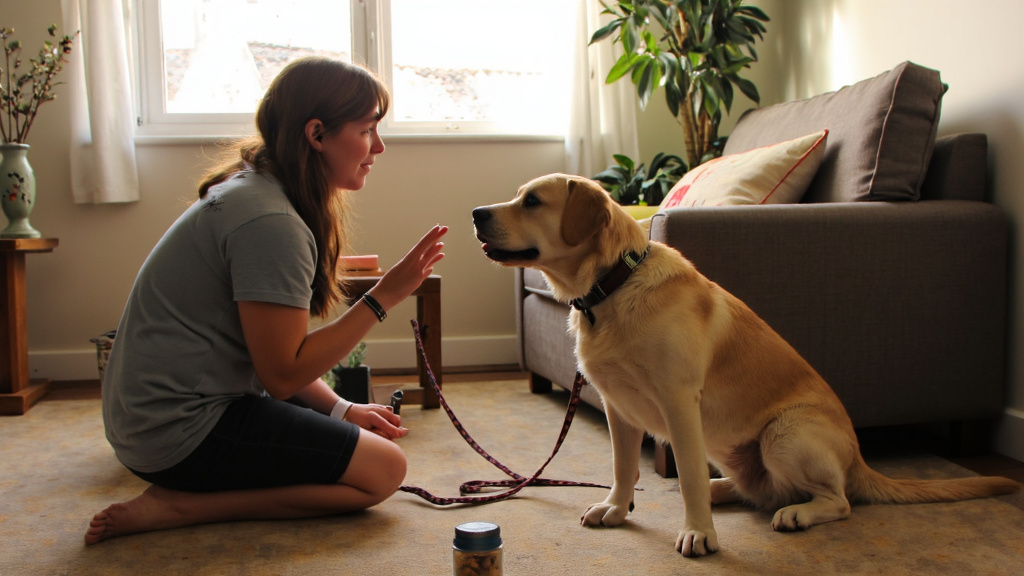 Young person training a lively dog in a cozy living room with a leash and smart collar visible; clicker and treats on a nearby table, warm natural light and a focused, gentle connection.