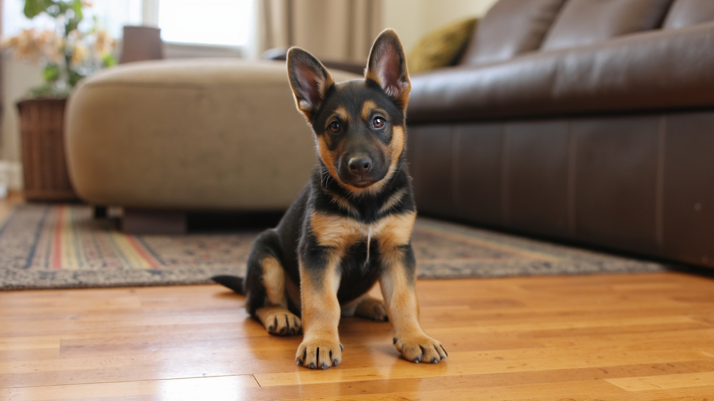 Young German Shepherd Puppy — Attentive Indoor Portrait Young German Shepherd puppy sitting attentively indoors, soft natural light highlighting its alert eyes and upright posture.