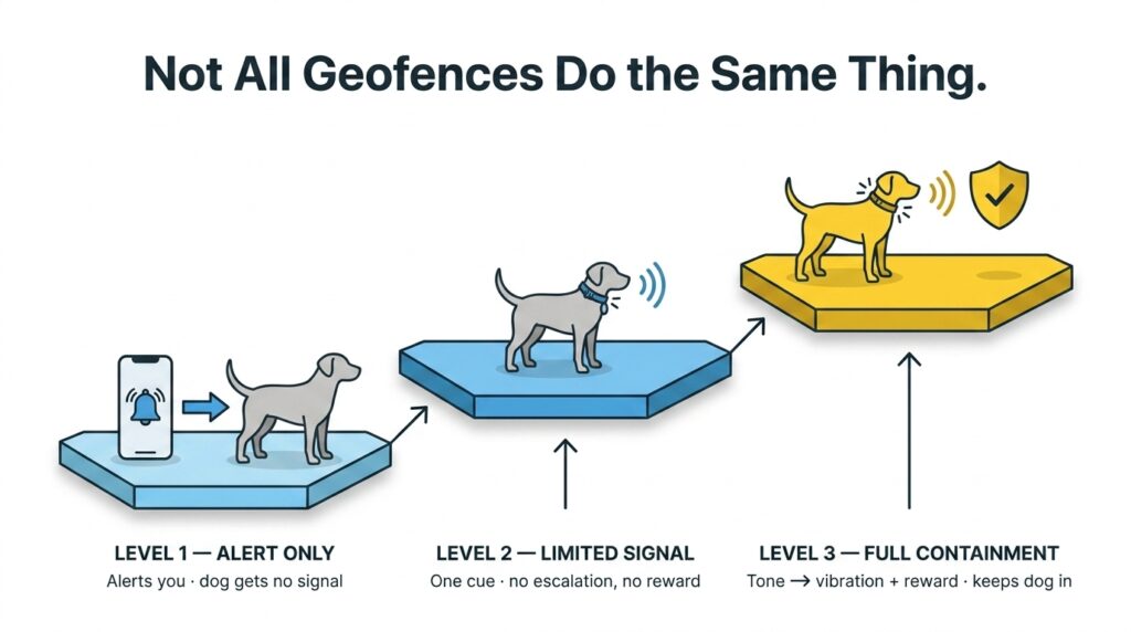 An ascending three-level ladder of pet geofencing - Level 1 alert only (notifies you, the dog gets no signal), Level 2 a single beep or vibration with no escalation, and Level 3 full virtual fence containment with graduated feedback and encouragement that keeps the dog inside.