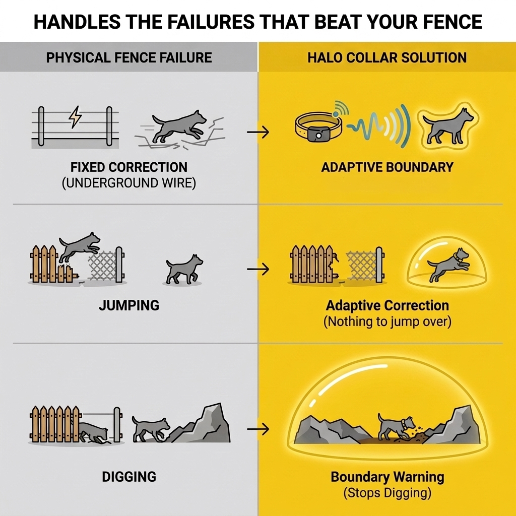 Comparison of three ways dogs defeat a physical fence - powering through an underground wire correction, jumping over, and digging under - each resolved by the Halo Collar 5's GPS boundary that dogs cannot jump over or tunnel past.