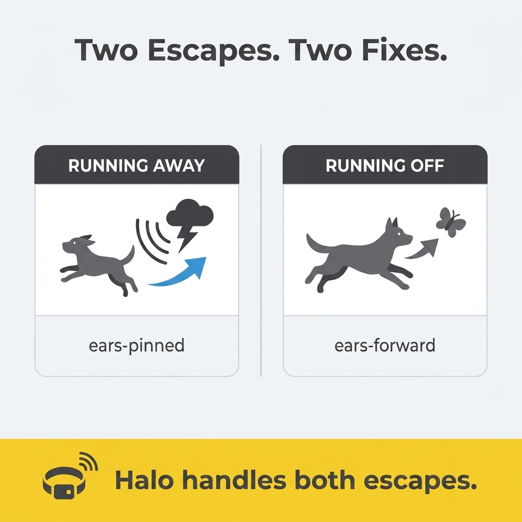 Comparison of two escape behaviors - a dog running away in fear (ears pinned, fleeing from a threat) versus running off toward prey or a scent (ears forward) - with a note that the Halo Collar 5's graduated feedback handles both.