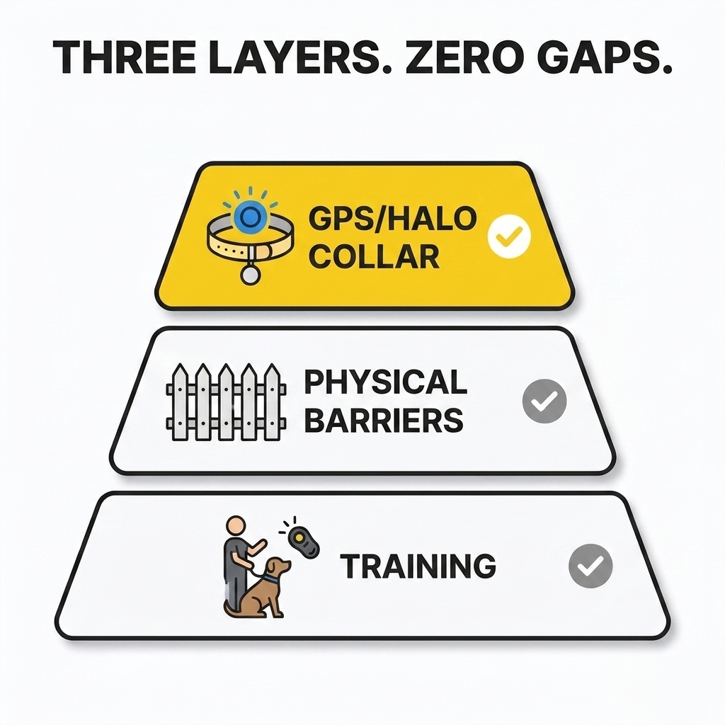 A three-layer dog escape prevention pyramid - training at the base, physical barriers in the middle, and the Halo Collar 5 GPS fence as the top layer that completes the system.