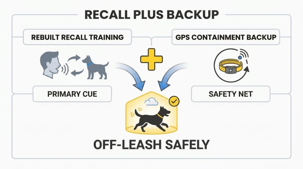 A two-part model combining rebuilt recall training as the primary cue with the Halo Collar 5 GPS containment as a safety net, joining together to let a dog go off-leash safely.