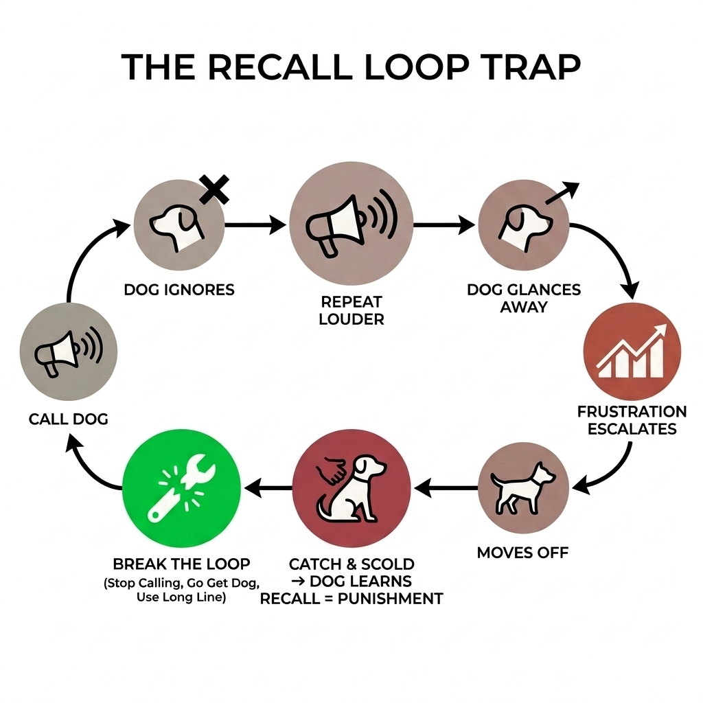 A circular diagram showing how repeating an ignored recall command traps owner and dog in a worsening loop - call, dog ignores, repeat louder, chase, catch and scold - until the dog learns recall means punishment, with a highlighted break point: stop calling, go get the dog, use a long line.