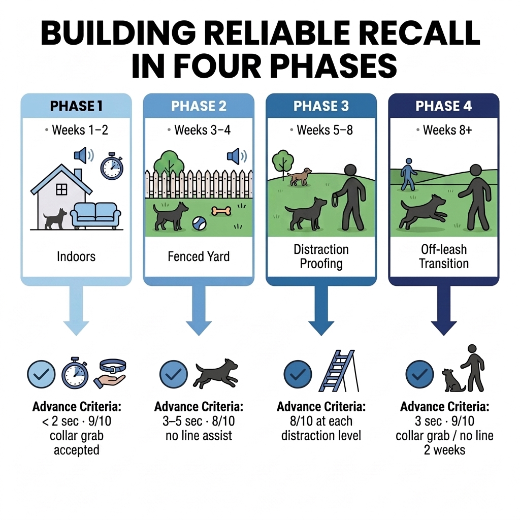 A four-phase recall training timeline over about eight weeks — Phase 1 indoors (weeks 1–2), Phase 2 fenced yard on a long line (weeks 3–4), Phase 3 distraction proofing (weeks 5–8), and Phase 4 off-leash transition (week 8+) — each phase showing the benchmark a dog must meet before advancing.