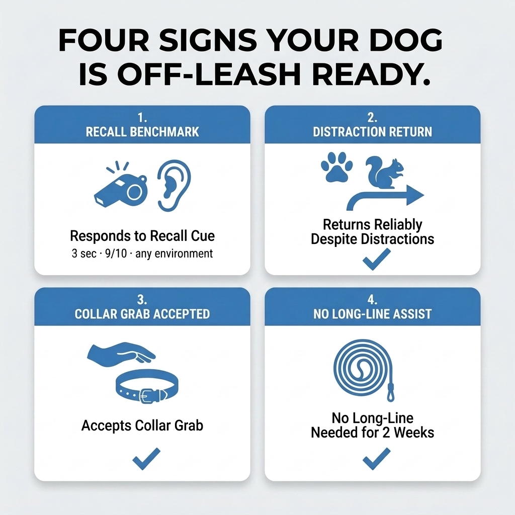 Four signs a dog is ready for off-leash freedom — responds to the recall cue within 3 seconds 9 out of 10 times across environments, returns reliably despite distractions, accepts a collar grab calmly, and has not needed the long line for 2 weeks.