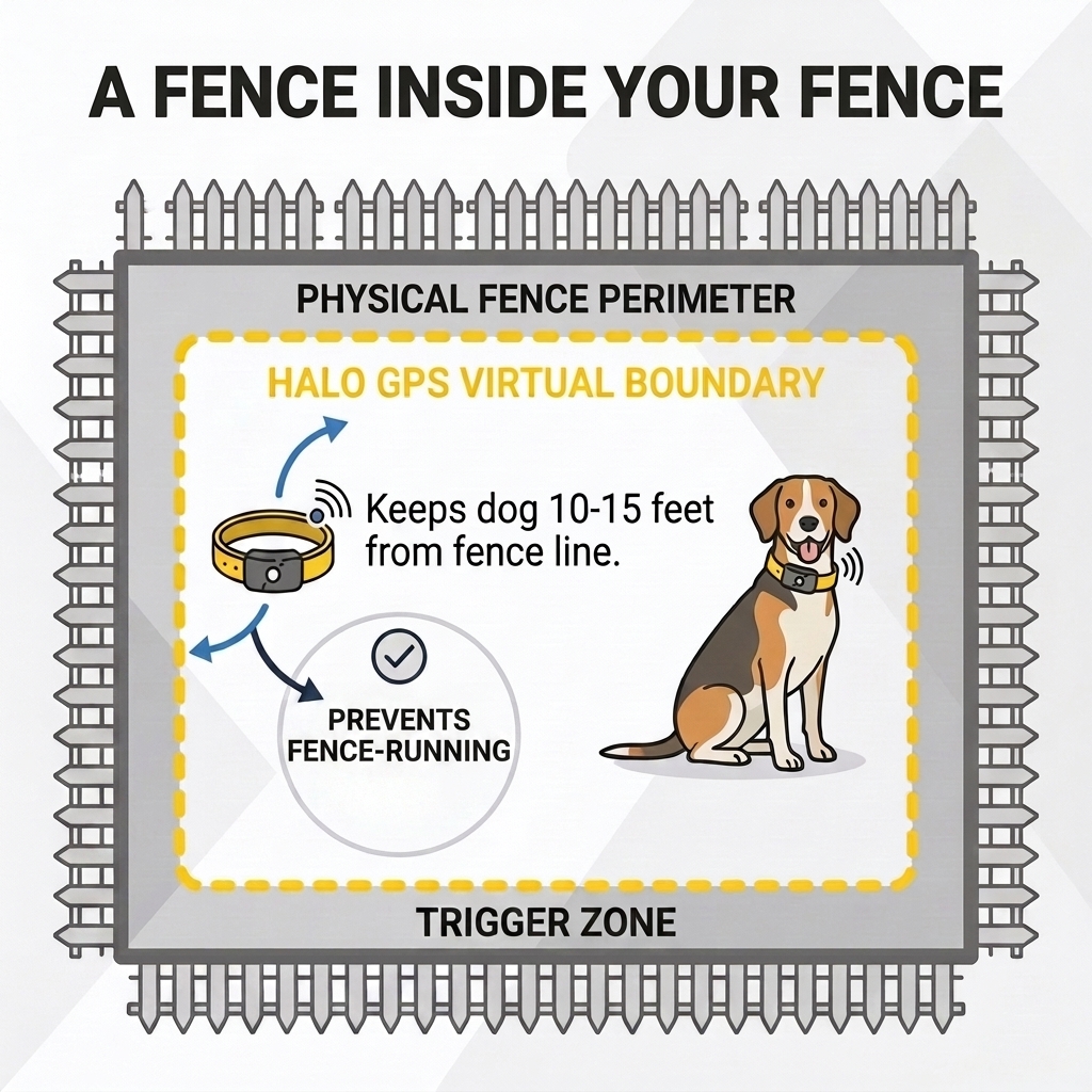 A top-down yard diagram showing a Halo GPS virtual boundary set 10–15 feet inside the physical fence, creating a buffer zone that keeps the dog in the center of the yard and away from the trigger zone along the fence line to stop fence-running.