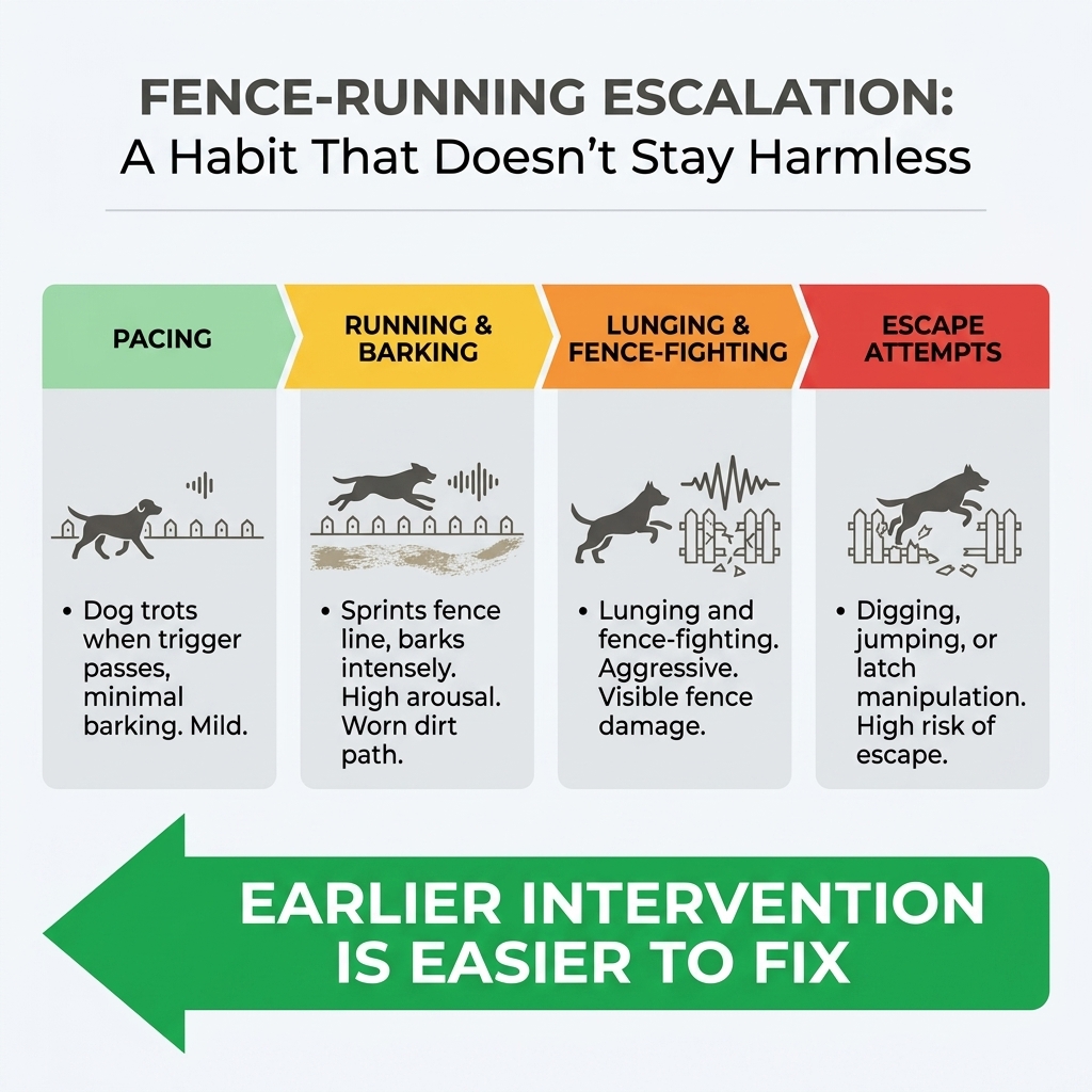 A four-stage escalation showing how unaddressed fence-running worsens over time — from pacing, to running and barking, to lunging and fence-fighting, to escape attempts — with the reminder that earlier intervention is easier to fix.