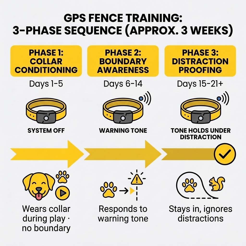 A three-phase GPS fence training timeline over about three weeks — Phase 1 collar conditioning with the system off (days 1–5), Phase 2 guided boundary introduction with the warning tone on a leash (days 6–14), and Phase 3 distraction proofing and off-leash transition (days 15–21+) — each phase showing the benchmark to advance.