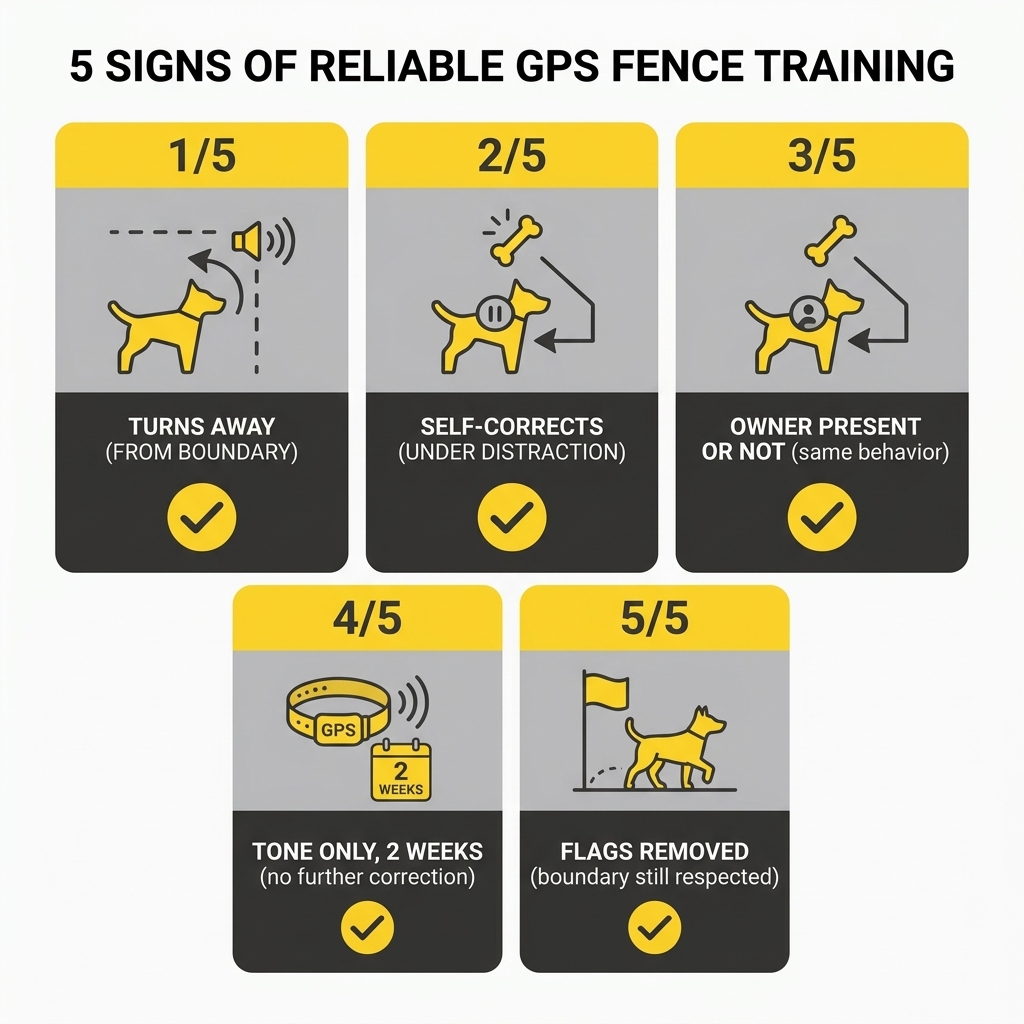 Five signs a dog is reliably GPS-fence trained — turns away at the warning tone 9 out of 10 times, self-corrects under distraction, behaves the same whether the owner is present or not, has needed no correction beyond the tone for 2 weeks, and respects the boundary with the visual flags removed.