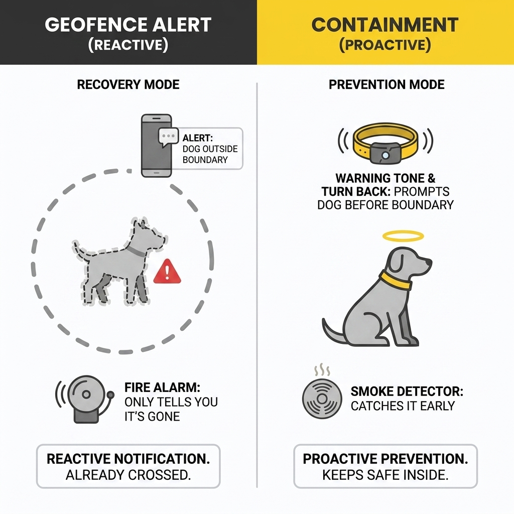 A comparison of two approaches — a geofence alert (reactive) that only notifies you after the dog has already crossed the boundary, like a fire alarm, versus Halo virtual fence containment (proactive) that gives the dog a warning tone to turn back before it leaves, like a smoke detector.