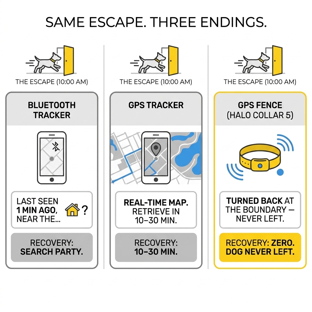 The same dog escape run through three technologies with three outcomes - a Bluetooth tracker leaves you with a stale "last seen" location and a search party, a GPS tracker shows real-time location for a 10–30 minute retrieval, and a Halo GPS fence collar cues the dog to turn back at the boundary so it never leaves, with zero recovery time.