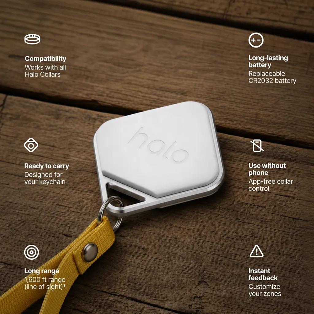 Remote Control on a wooden surface with callouts for compatibility with all Halo Collars, a replaceable CR2032 battery, keychain design, app-free collar control, long range, and instant feedback